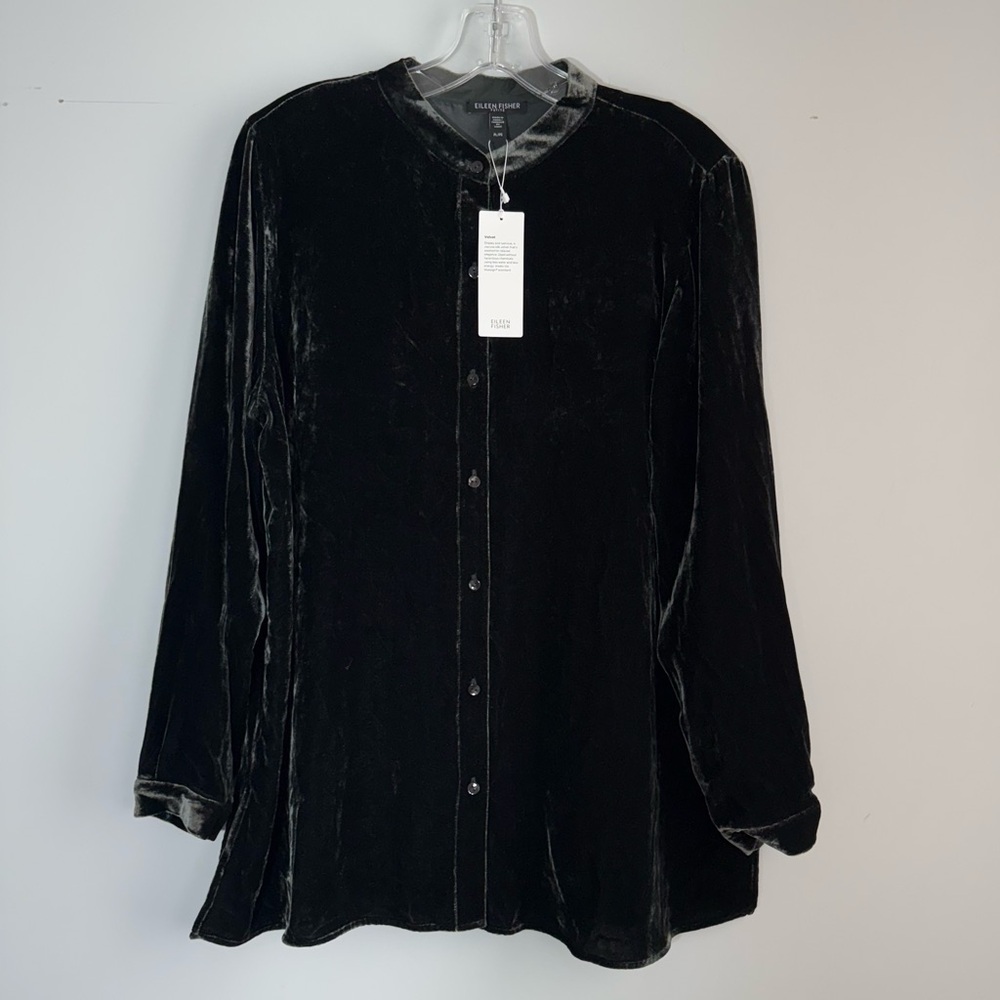 NWT Eileen Fisher Mandarin Collar Long Shirt Silk Ivy Crushed Velvet PL Petite L - Picture 5 of 16